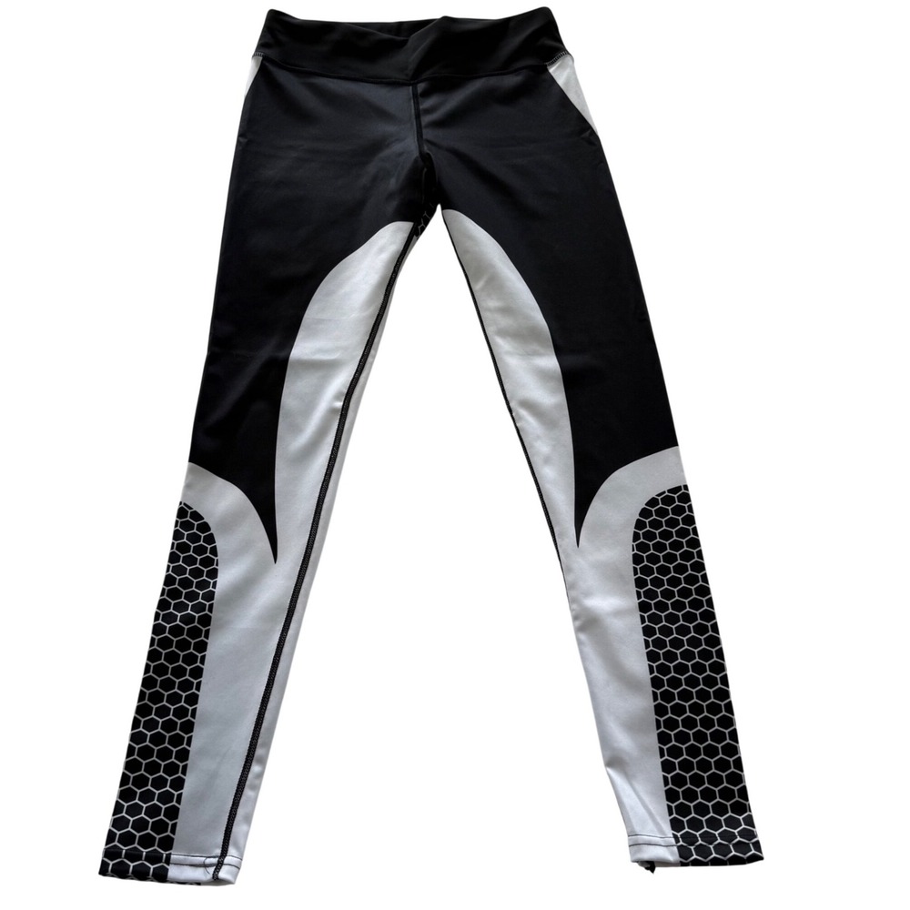 Womens Athletic Leggings Black White Colorblock Honeycomb High Rise Small‎